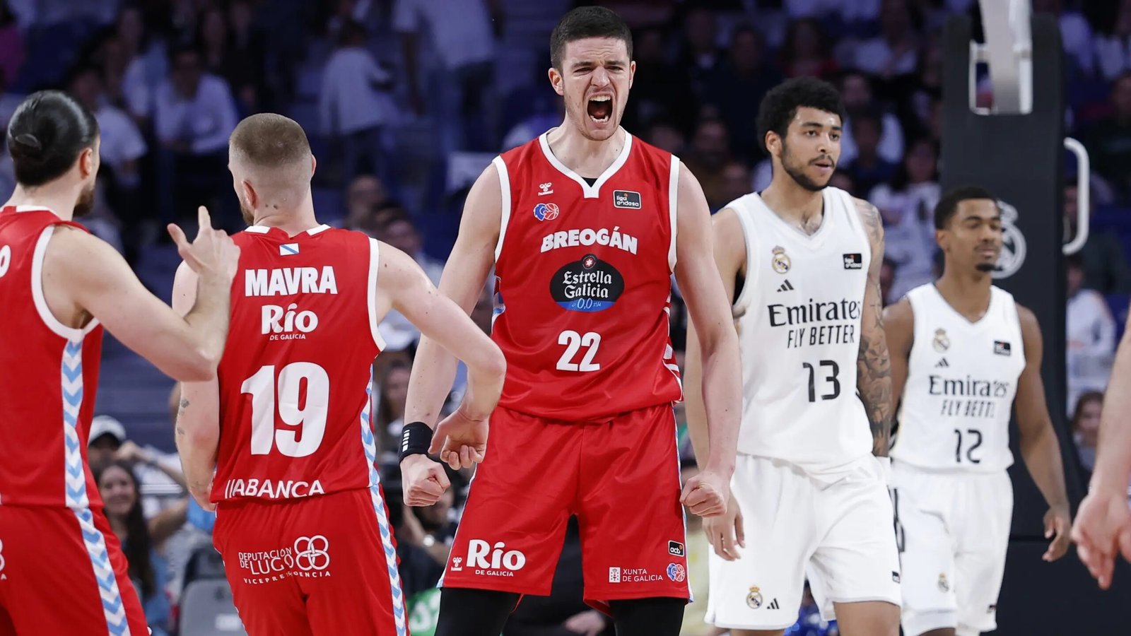 Jugadores del Breogan festejan enérgicos por la victoria, mientras Izan Almansa y Theo Maledon ven, detrás de ellos, con derrota hacia el banquillo del Real Madrid en el Movistar Arena.